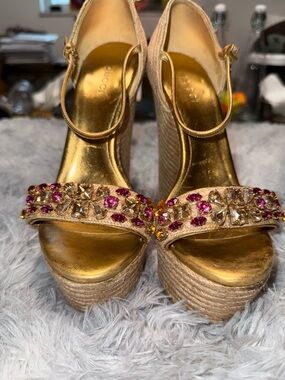 Gucci Gold Espadrille Wedge Sandals with Pink Crystal Detail
